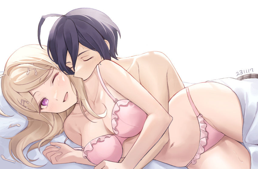 1boy 1girl ahoge akamatsu_kaede black_hair blonde_hair blush bra breasts cleavage closed_eyes couple danganronpa_(series) danganronpa_v3:_killing_harmony dated eyelashes frilled_bra frilled_panties frills hair_between_eyes hair_ornament happy hetero hug hug_from_behind kissing_shoulder long_hair looking_at_another lumishen lying musical_note musical_note_hair_ornament navel nude on_side one_eye_closed open_mouth panties pink_bra pink_panties purple_eyes saihara_shuichi short_hair simple_background smile spooning underwear white_background