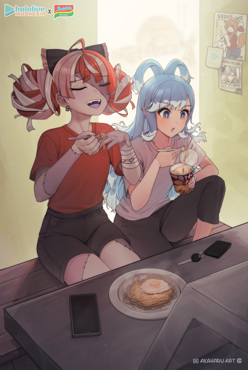 2girls absurdres akaharuu alternate_costume artist_name ayunda_risu bandaged_arm bandages black_pants black_shorts blue_eyes blue_hair cellphone closed_eyes cup_ramen double_bun egg_(food) fangs food hair_bun highres hololive hololive_indonesia key kneeling kobo_kanaeru kureiji_ollie long_hair multiple_girls noodles pants patchwork_skin phone poster_(object) ramen red_shirt shirt shorts sitting very_long_hair vestia_zeta virtual_youtuber white_shirt zombie