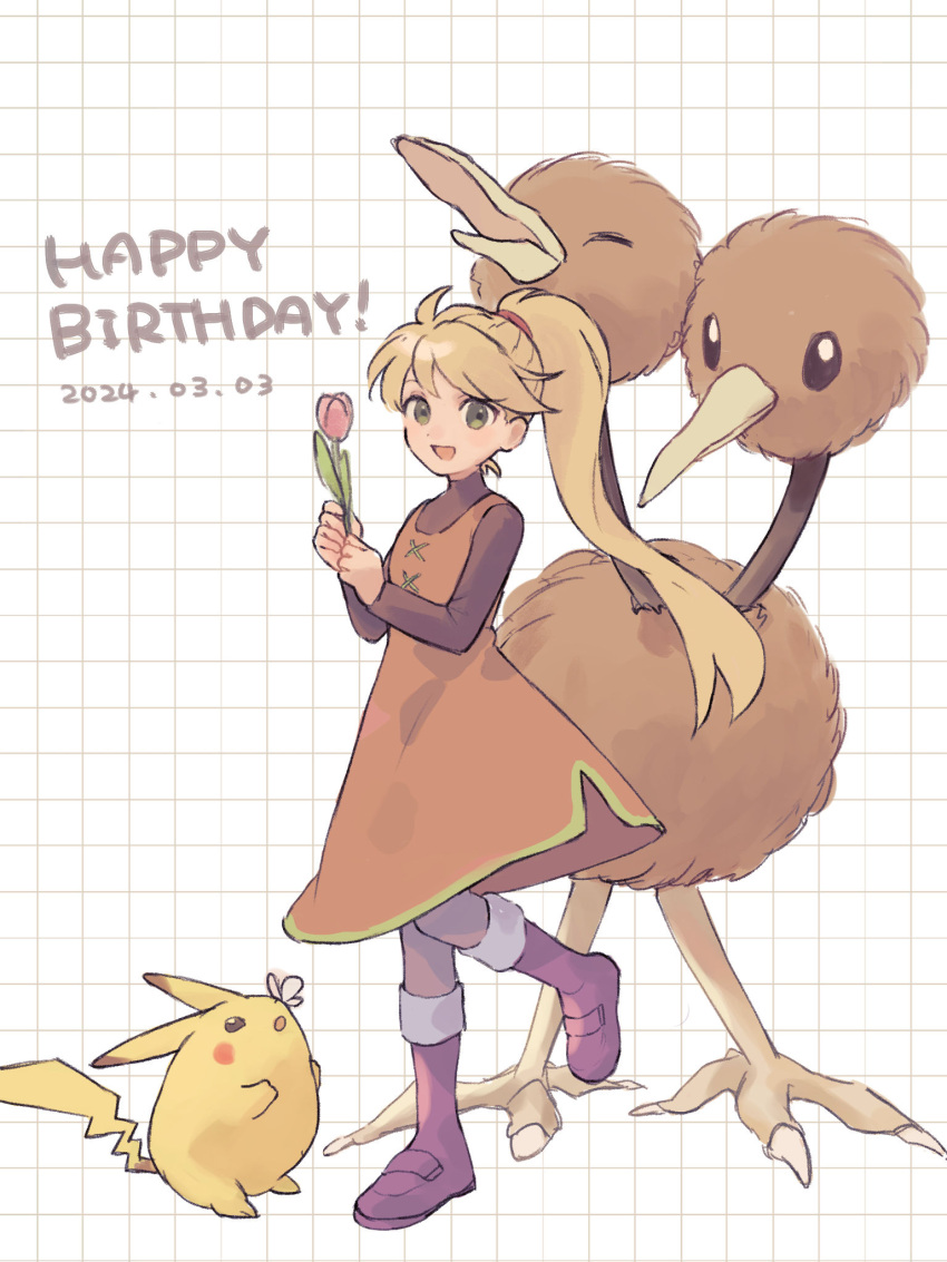 1girl :d blonde_hair dated doduo dress flower full_body grid_background happy_birthday highres holding holding_flower long_hair long_sleeves looking_at_viewer min10 open_mouth pikachu pokemon pokemon_(creature) pokemon_adventures ponytail shoes smile yellow_(pokemon)