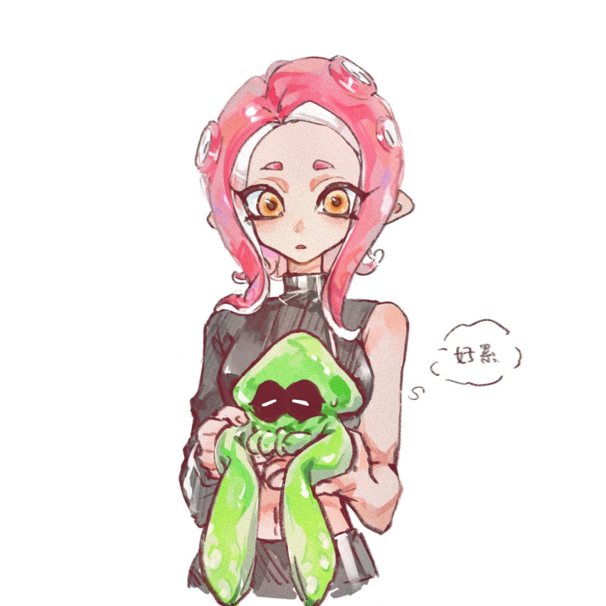 1girl agent_8_(splatoon) breasts chinese_commentary chinese_text d: eyes_visible_through_hair film_grain frown highres inkling long_sleeves medium_breasts medium_hair navel octoling octoling_girl octoling_player_character open_mouth orange_eyes pink_hair simple_background single_sleeve splatoon_(series) splatoon_2 splatoon_2:_octo_expansion squid suction_cups tentacle_hair thenintlichen96 thought_bubble white_background