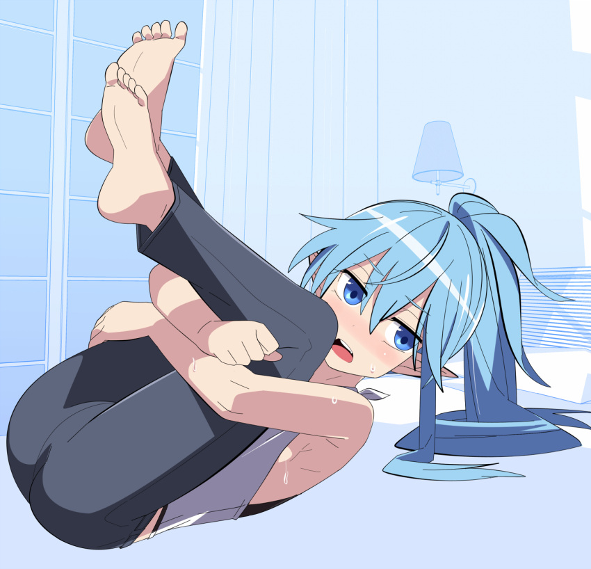 1girl ahoge armpits barefoot blue_eyes blue_hair blush curtains elf exercise feet hair_between_eyes highres holding_own_leg indoors lamp legs_up living_room long_hair looking_to_the_side lying monochrome_background on_back on_floor open_mouth original pants pointy_ears ponytail sleeveless soles solo superkyu sweat toes window workout_clothes