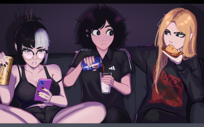 3girls absurdres adidas black_bra black_eyes black_hair black_sweater black_tank_top blonde_hair blunt_bangs bra breasts choker cleavage confused couch cup drink eating food freckles hair_ornament hair_stick highres holding holding_cup holding_drink holding_food holding_pizza indoors lip_piercing long_hair looking_at_another looking_at_phone messy_hair milk monster_energy multicolored_hair multiple_girls nervous nose_piercing on_couch open_fly original phone piercing pilk pizza pizza_slice polo_shirt pouring print_shirt screen_light shirt shorts spread_legs strap_slip sweater tank_top tomboy two-tone_hair underwear veyonis wide-eyed