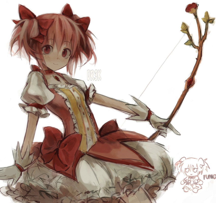 1girl bow bow_(weapon) bubble_skirt character_doll choker drek2xme dress fumo_(doll) gloves hair_ribbon hashtag_only_commentary highres holding holding_bow_(weapon) holding_weapon kaname_madoka looking_at_viewer magical_girl mahou_shoujo_madoka_magica pink_bow pink_choker pink_dress pink_eyes pink_hair puffy_short_sleeves puffy_sleeves ribbon short_hair short_sleeves short_twintails simple_background skirt smile solo soul_gem twintails watermark weapon white_background white_gloves white_sleeves