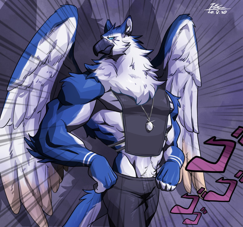 2020 anthro avian beak black_beak black_bottomwear black_clothing black_pants black_topwear blue_body blue_eyes blue_feathers bottomwear clothing dated digital_media_(artwork) fansl feathered_wings feathers glint hi_res jewelry jewelry_glint male meme menacing_(meme) muscular muscular_anthro muscular_male necklace pants pendant signature solo topwear white_body white_feathers wings