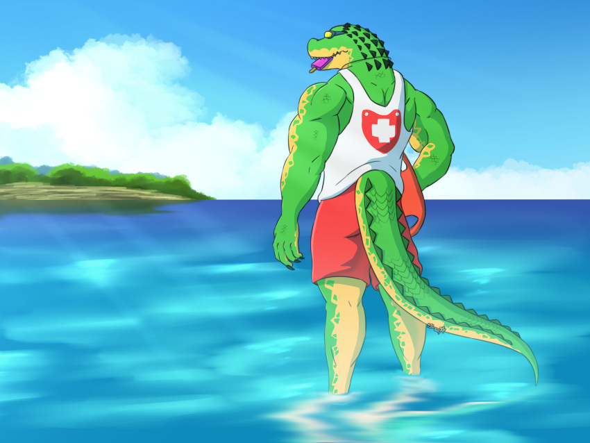 absurd_res anthro back_muscles beach biceps black_claws black_spikes bottomwear claws clothing countershading crocodile crocodilian crocodylid eyewear food goggles green_body green_scales green_spikes hi_res kurenai_(artist) league_of_legends lifeguard lifeguard_swimsuit lifesaver light male muscular muscular_anthro muscular_male popsicle rear_view renekton reptile riot_games scales scalie shirt shorts sky solo sunlight tank_top topwear water yellow_body yellow_countershading yellow_scales