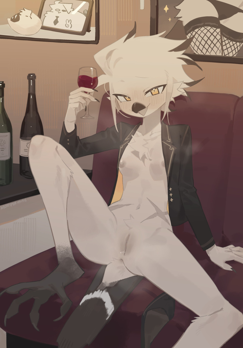 absurd_res anthro areola avian biped bottomless breasts clothed clothing detailed_background drunk female fur genitals hi_res kaltespur looking_at_viewer nipples pussy small_breasts solo substance_intoxication tan_body yellow_eyes