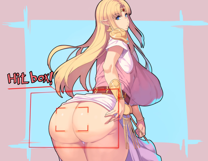 1girl ass blonde_hair breasts circlet curvy dress dress_lift earrings english_text from_behind huge_ass huge_breasts jewelry looking_at_viewer looking_back metal_owl_(aden12) panties parted_lips pauldrons plump pointy_ears princess_zelda purple_panties solo the_legend_of_zelda thick_thighs thighs triangle_earrings underwear white_dress