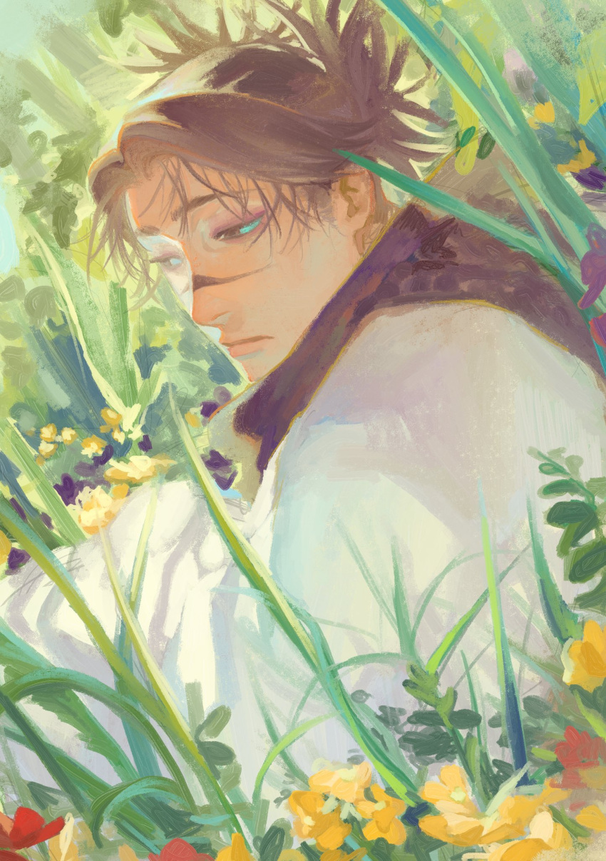 1boy brown_eyes brown_hair choso_(jujutsu_kaisen) flower grass highres jujutsu_kaisen light_frown male_focus medium_hair outdoors robe scar scar_on_face scar_on_nose solo uoru1_juju upper_body white_robe yellow_flower