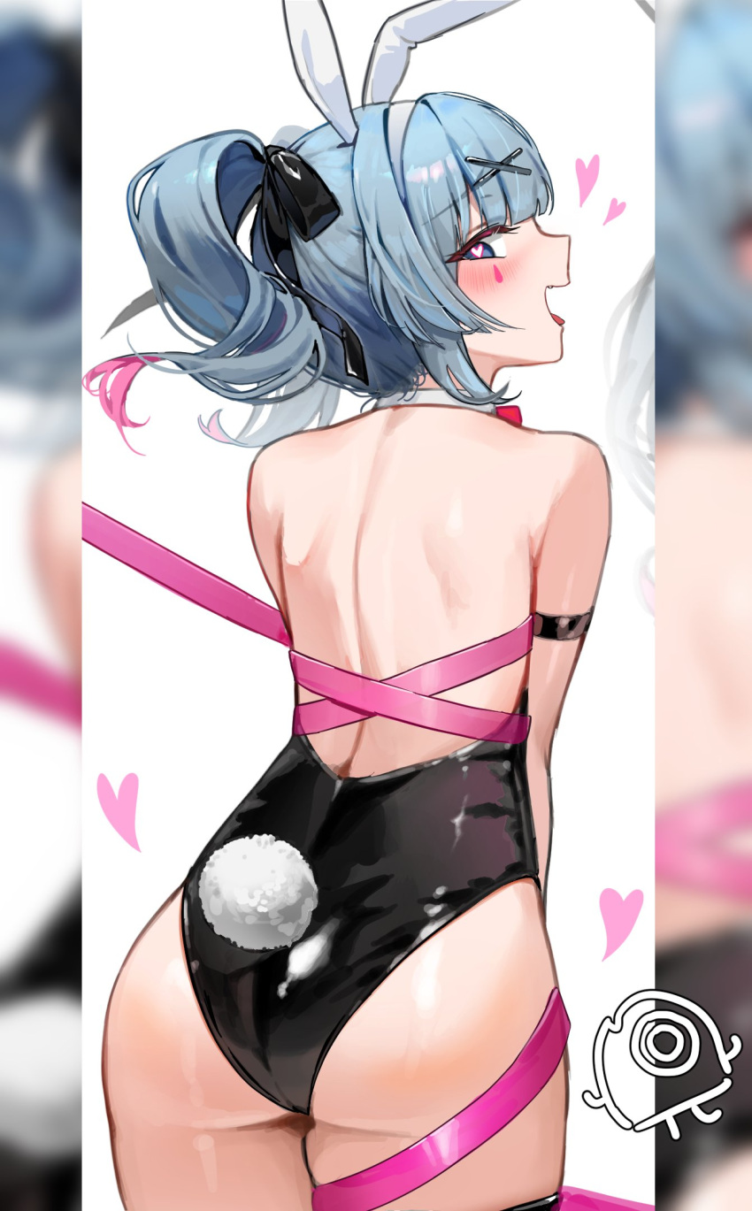 1girl animal_ears ass bare_back bare_shoulders black_leotard black_ribbon blue_eyes blue_hair bound bright_pupils cowboy_shot detached_collar facial_mark fake_animal_ears fake_tail fang from_behind hair_ribbon hatsune_miku heart heart-shaped_pupils highres jeon-eo_konoshiro leotard looking_at_viewer multicolored_hair open_mouth pink_hair rabbit_ears rabbit_hole_(vocaloid) rabbit_tail ribbon ribbon_bondage solo symbol-shaped_pupils tail teardrop_facial_mark tongue tongue_out twintails two-tone_hair white_background zoom_layer