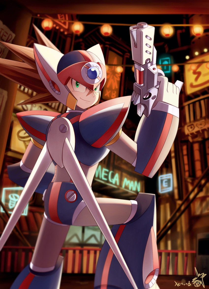 1boy absurdres artist_logo artist_name axl_(mega_man) brown_hair copyright_name cross_scar finger_on_trigger gun helmet highres holding holding_gun holding_weapon mechanical_wings medium_hair mega_man_(series) mega_man_x_(series) scar scar_on_face solo spiked_hair weapon wings xenon_(xenonb)