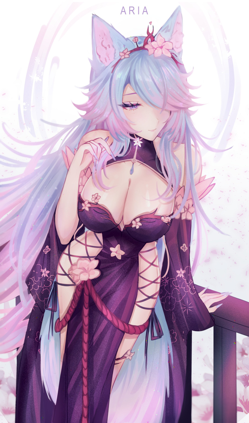 1girl a_r_i_a absurdres animal_ears black_kimono black_sleeves blue_eyes blue_hair breasts cleavage cleavage_cutout clothing_cutout detached_sleeves hair_over_one_eye highres indie_virtual_youtuber japanese_clothes kimono large_breasts looking_at_viewer multicolored_hair pink_hair silvervale silvervale_(sakura_goddess) solo streaked_hair swept_bangs tail virtual_youtuber wolf_ears wolf_girl wolf_tail