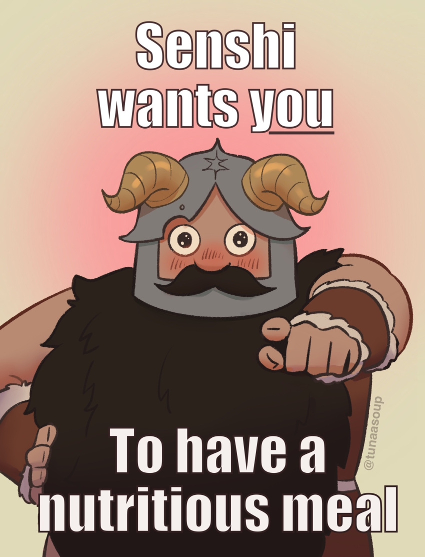 1boy beard blush brown_hair dungeon_meshi dwarf facial_hair fake_horns gradient_background hand_on_own_hip helmet highres horned_helmet horns impact_(font) long_beard male_focus pointing pointing_at_viewer sanpaku senshi_(dungeon_meshi) solo thick_mustache tunaasoup upper_body very_long_beard