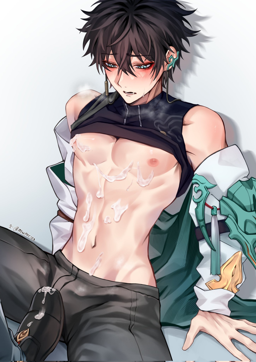 2boys abs bdsm black_hair black_shirt blush bulge cum dan_heng_(honkai:_star_rail) earrings hair_between_eyes highres honkai:_star_rail honkai_(series) jacket jewelry long_hair long_sleeves male_focus multiple_boys muscular muscular_male navel nipples open_mouth shirt shoes short_hair softydaifuku stomach white_jacket yaoi