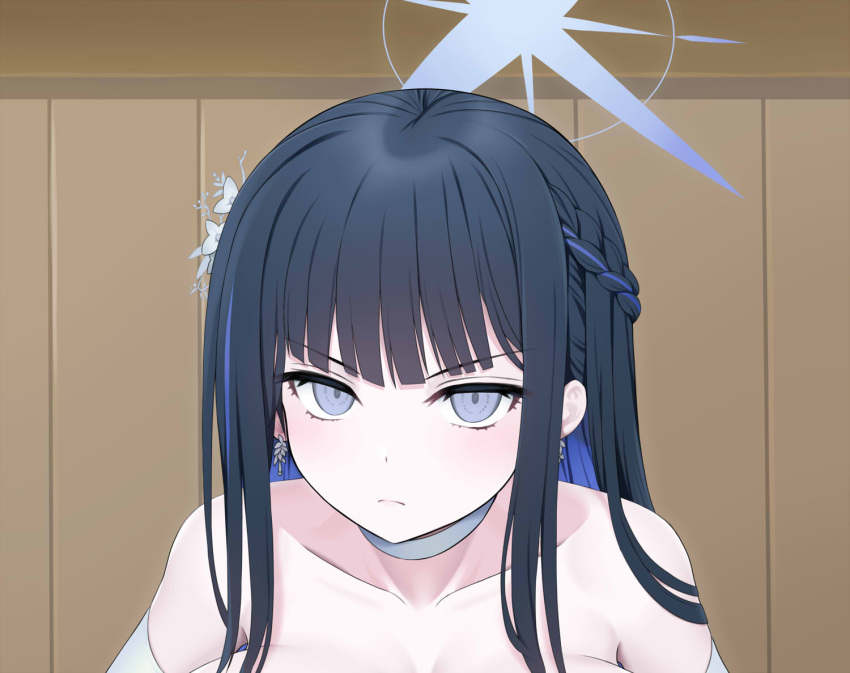 1girl asamura_hiori black_hair blue_archive blue_eyes blue_hair blue_halo braid breasts choker colored_inner_hair cropped crown_braid dress elbow_gloves gloves halo large_breasts long_hair looking_at_viewer multicolored_hair official_alternate_costume saori_(blue_archive) saori_(dress)_(blue_archive) solo strapless strapless_dress white_choker white_gloves