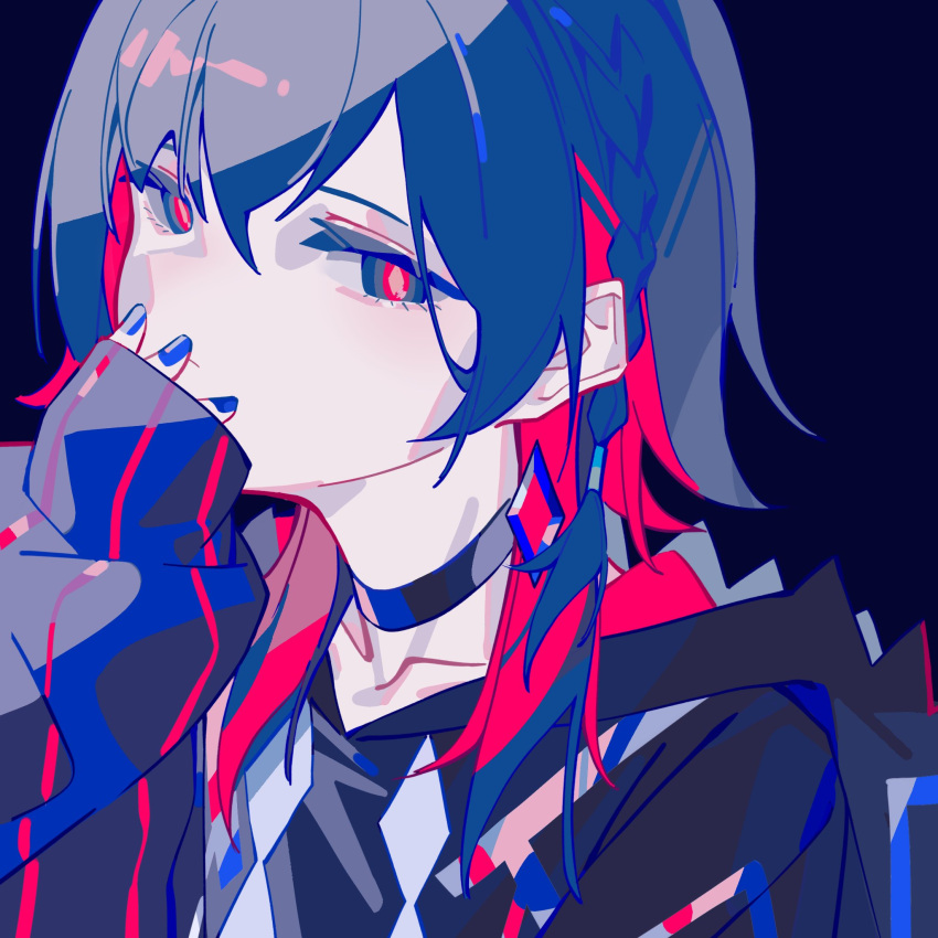 1girl black_choker black_jacket blue_background blue_eyes blue_hair blue_nails choker collarbone colored_inner_hair covering_own_mouth fagun_yibei hair_between_eyes hand_to_own_mouth highres hood hood_down hooded_jacket jacket kamitsubaki_studio long_hair long_sleeves looking_at_viewer multicolored_hair nail_polish portrait red_hair red_pupils rim_(kamitsubaki_studio) sidelocks simple_background sleeves_past_wrists solo