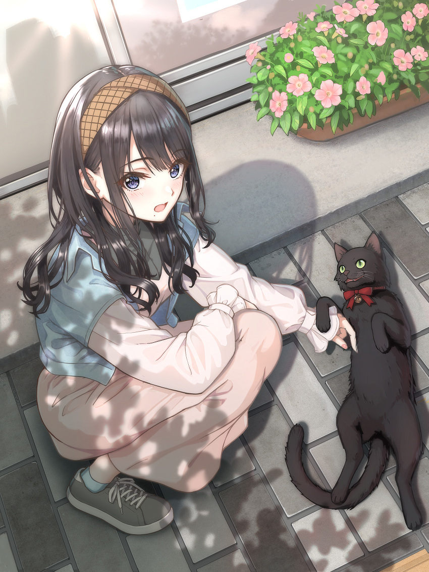 1girl :o absurdres black_cat black_hair blush brown_hairband cat commentary_request cropped_jacket hairband highres idolmaster idolmaster_shiny_colors kazano_hiori long_skirt looking_at_viewer macha0331 mole mole_under_mouth outdoors patting pink_skirt plant potted_plant purple_eyes shirt skirt solo squatting white_shirt