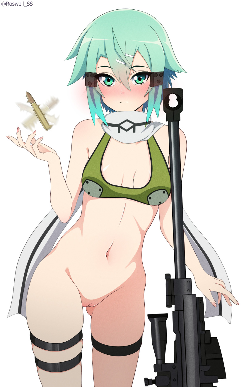 1girl absurdres ass_visible_through_thighs bare_arms bare_shoulders blush breasts bullet cowboy_shot frown green_eyes green_hair grey_scarf gun hair_ornament hairclip highres medium_breasts navel pussy rifle roswell_ss scarf shiny_skin simple_background sinon sniper_rifle solo sword_art_online thigh_strap weapon