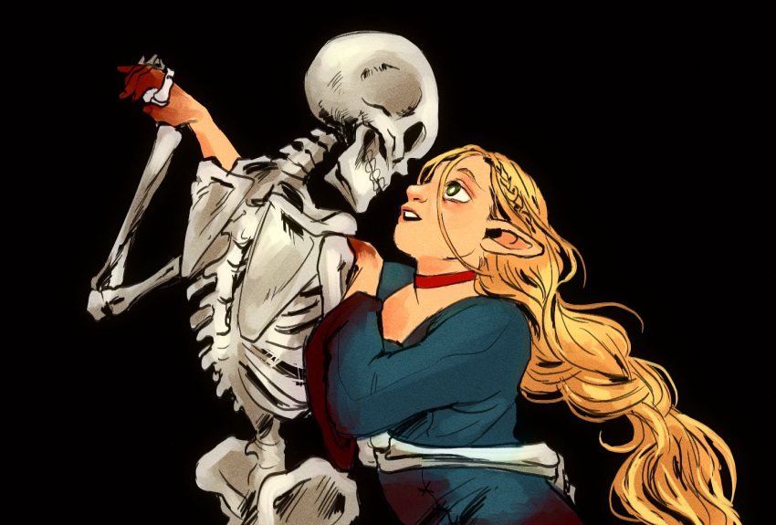 1girl 1other ambiguous_gender black_background blonde_hair blood blood_on_clothes blue_robe braid bright_pupils choker commentary dungeon_meshi elf english_commentary french_braid green_eyes long_hair looking_at_another marcille_donato parted_lips pointy_ears red_choker robe skeleton spoilers tuherrus upper_body white_pupils