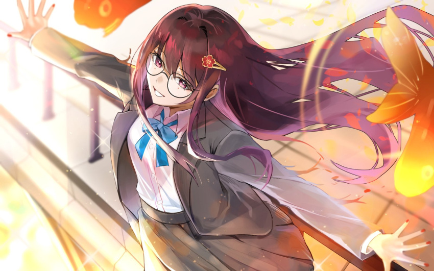 1girl :d black-framed_eyewear black_jacket black_skirt blazer blue_ribbon brown_hair butterfly-shaped_pupils collared_shirt commentary floating_hair glasses grin gyoju_(only_arme_nim) hair_between_eyes hair_intakes hair_ornament hairclip hashtag_only_commentary highres honkai:_star_rail honkai_(series) imminent_suicide jacket long_hair long_sleeves miniskirt nail_polish neck_ribbon open_clothes open_jacket open_mouth outstretched_arms pink_eyes pleated_skirt railing red_nails ribbon rooftop shirt sidelocks skirt smile solo sparkle_(honkai:_star_rail) straight_hair symbol-shaped_pupils teeth tile_floor tiles very_long_hair white_shirt