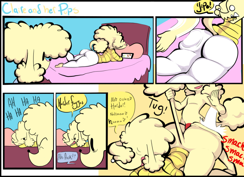anthro bed bedroom big_butt bootlegjones bottomwear brother_(lore) brother_and_sister_(lore) butt butt_slap caleb_(bootlegjones) canid canine canis caroline_(bootlegjones) clothing comic domestic_dog duo female furniture hair homophobic_slur incest_(lore) male male/female mammal pants poodle sibling_(lore) sister_(lore) slap slur tablet yellow_body yoga_pants
