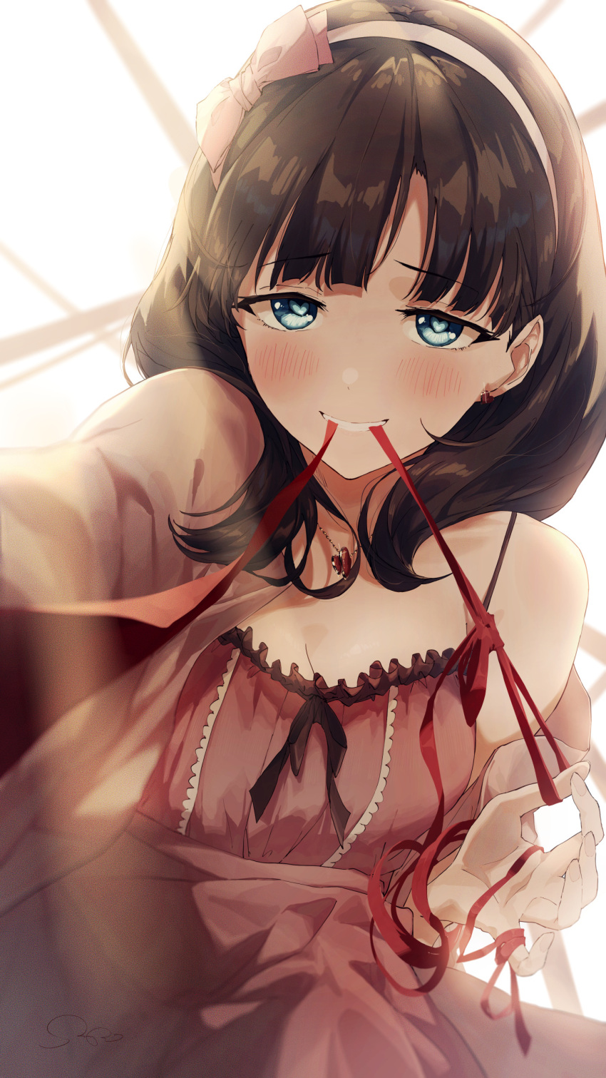 1girl absurdres backlighting blush bow_hairband breasts brown_hair cleavage dress hairband highres idolmaster idolmaster_cinderella_girls looking_at_viewer mouth_hold pink_dress red_ribbon ribbon sakuma_mayu sanpo_(sanpo_1027) single_bare_shoulder small_breasts smile solo