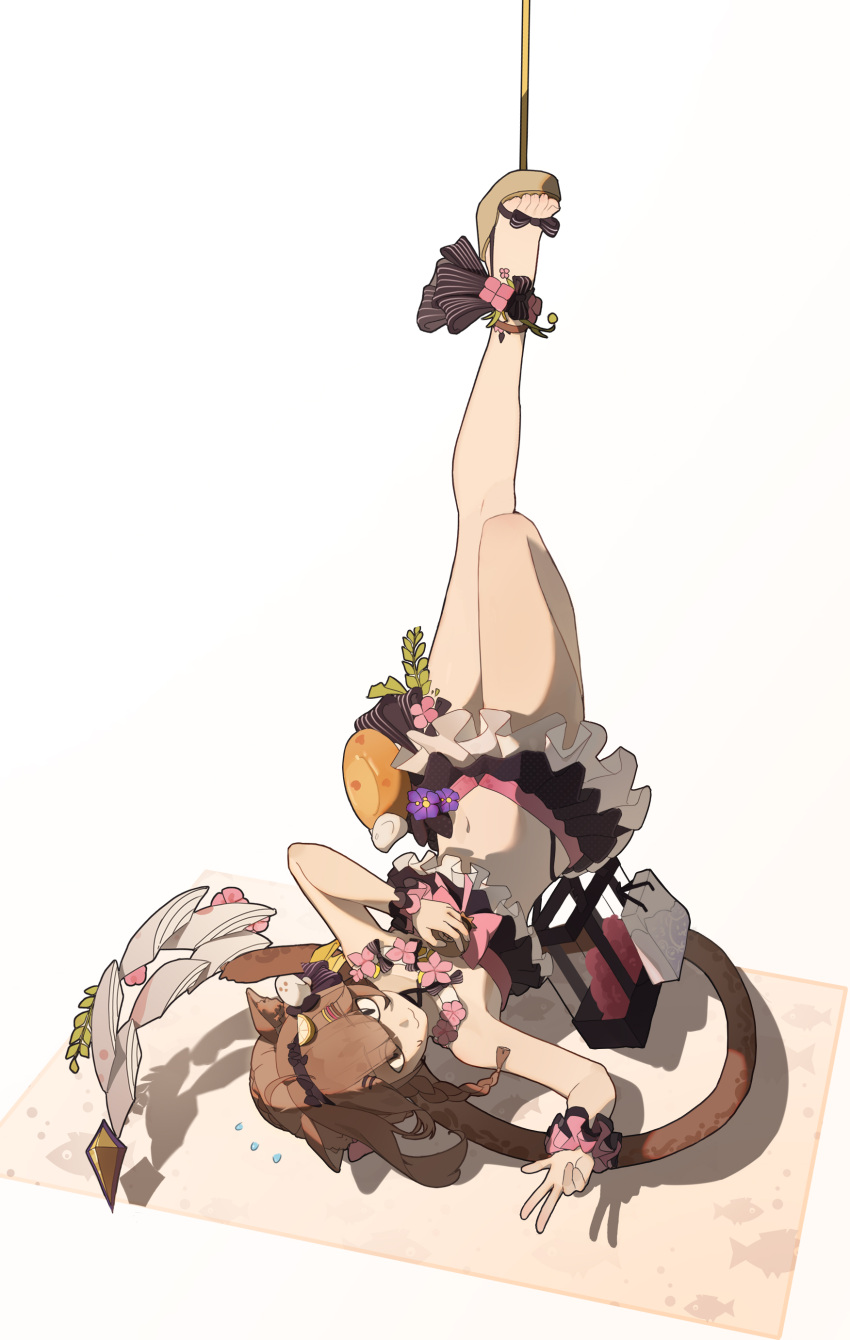 1girl absurdres animal_ear_fluff animal_ears arm_up bare_shoulders bikini black_bikini brown_footwear brown_hair cat_ears cat_girl cat_tail commentary_request grey_background highres honkai_(series) honkai_impact_3rd leg_up mi_si_lei_da_ke navel pardofelis_(honkai_impact) sandals simple_background solo swimsuit tail upside-down v wrist_cuffs