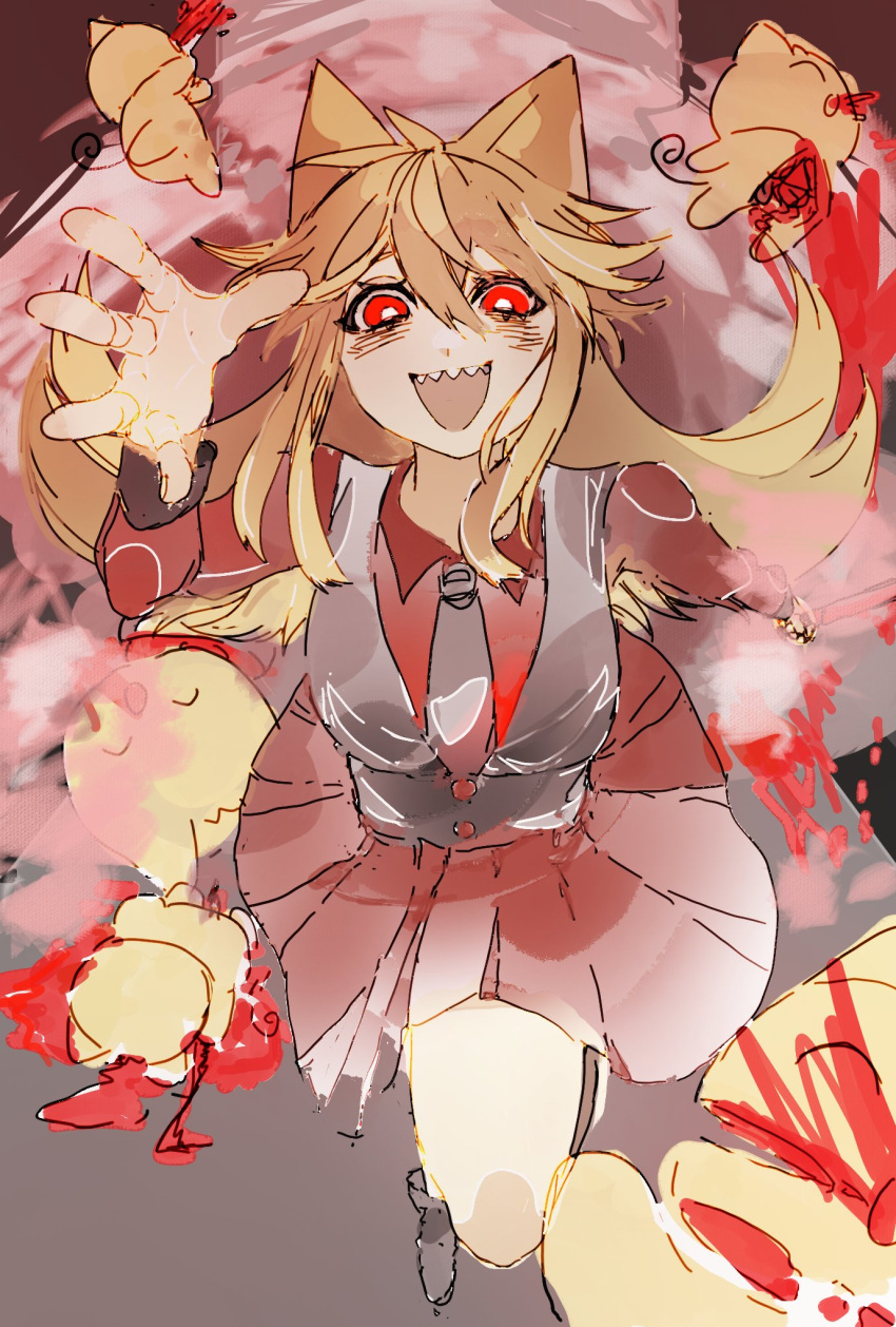 1girl animal animal_ears black_necktie black_vest blonde_hair blood boots bright_pupils brown_footwear buttons cat cat_ears cat_girl collared_shirt death eruditeandjuicy evil_smile funamusea guro hair_between_eyes highres long_hair looking_at_viewer moge-ko mogeko_(mogeko_castle) mogeko_castle necktie open_mouth outstretched_hand pleated_skirt pov reaching reaching_towards_viewer red_eyes red_shirt red_skirt running running_towards_viewer sanpaku sharp_teeth shirt sidelocks skirt smile teeth very_long_hair vest white_pupils yandere