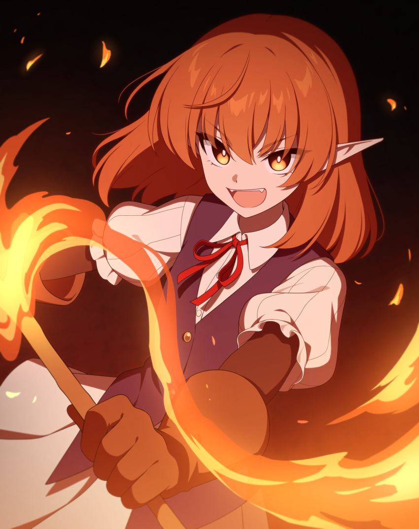 1girl absurdres blue_vest bright_pupils brown_gloves child_(isoliya) collared_shirt commentary embers fire gloves hair_between_eyes helck highres holding holding_torch long_hair long_pointy_ears medium_hair neck_ribbon open_mouth orange_eyes outstretched_arms pleated_skirt pointy_ears puffy_short_sleeves puffy_sleeves red_hair red_ribbon ribbon shirt short_sleeves skirt smile solo symbol-only_commentary teeth torch upper_teeth_only v-shaped_eyebrows vermilio_(helck) vest white_pupils white_shirt white_skirt yellow_eyes