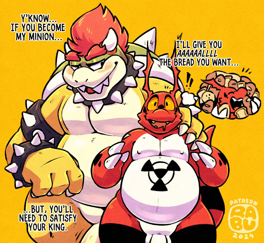 2024 anthro balls bandai_namco biped bowser dialogue digimon digimon_(species) duo genitals guilmon hair half-erect hi_res koopa male mario_bros nintendo orange_background orange_body penis raburigaron red_body red_hair scalie simple_background white_body