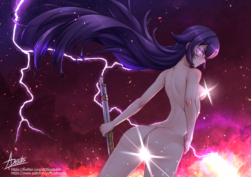 1girl adsouto antique_firearm ass breasts chevreuse_(genshin_impact) completely_nude firelock flintlock genshin_impact glowing glowing_eyes gun hand_on_own_hip highres holding holding_gun holding_weapon light_censor long_hair looking_at_viewer looking_back medium_breasts musket nude purple_eyes purple_hair signature solo standing very_long_hair weapon wind wind_lift