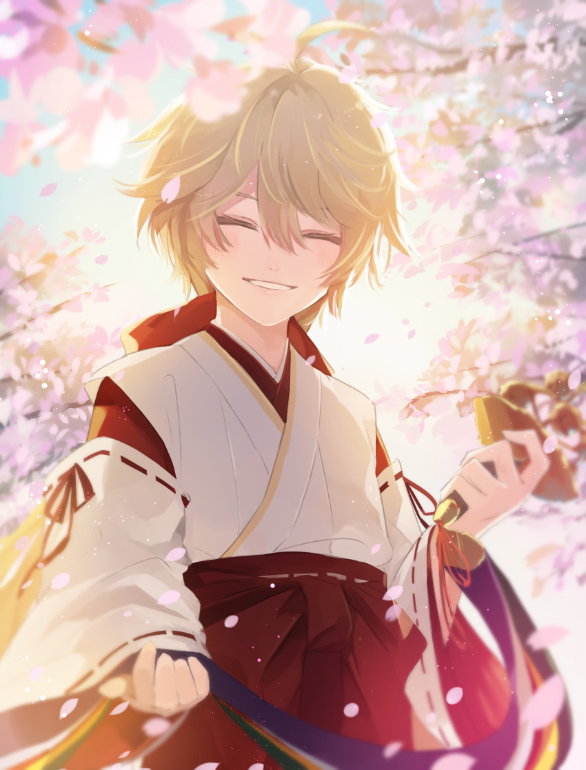 1boy aether_(genshin_impact) ahoge alternate_costume alternate_hairstyle blonde_hair blue_sky blush bow branch cherry_blossoms closed_eyes commentary_request day detached_sleeves genshin_impact hair_between_eyes hair_bow hakama hakama_pants hands_up happy highres holding japanese_clothes long_hair long_sleeves male_focus outdoors pants petals ponytail red_bow red_pants red_ribbon red_shirt ribbon ribbon-trimmed_sleeves ribbon_trim sakusakuagetate shirt sky smile solo standing tape teeth tree vest white_vest wide_sleeves