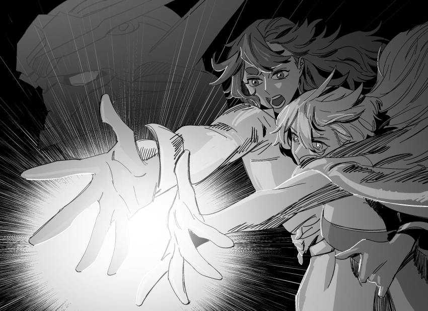 commentary_request dress greyscale gundam gundam_aerial gundam_suisei_no_majo hand_on_another's_waist highres jacket jacket_on_shoulders korean_commentary long_hair long_sleeves miorine_rembran monochrome open_mouth outstretched_arm snapagi strapless strapless_dress suletta_mercury upper_body