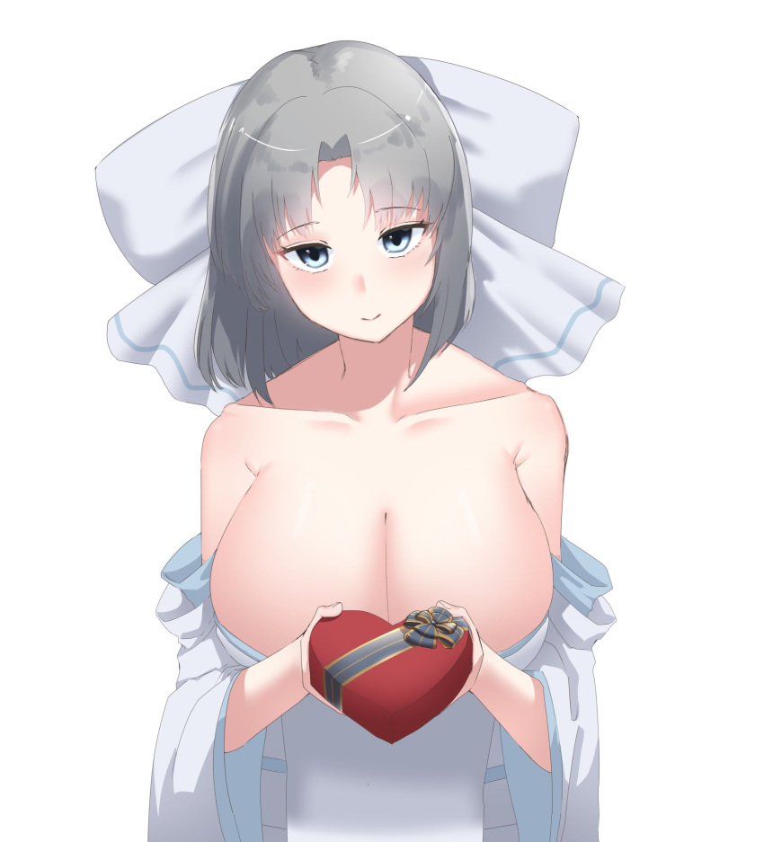 1girl azareiya_0702 blue_eyes bow box breasts cleavage gessen_academy_uniform gift gift_box grey_hair hair_bow happy_valentine heart-shaped_box highres japanese_clothes kimono large_breasts light_blush looking_at_viewer low_neckline medium_hair pov ribbon-trimmed_kimono senran_kagura smile striped_bow white_background white_bow white_kimono yumi_(senran_kagura)