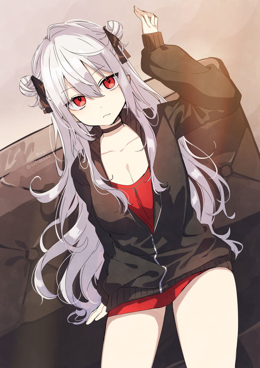 1girl absurdres arm_up black_bow black_choker black_jacket bow breasts choker cleavage closed_mouth collarbone commentary_request couch double_bun dutch_angle genderswap genderswap_(mtf) grey_hair hair_between_eyes hair_bow hair_bun highres jacket long_sleeves looking_at_viewer medium_breasts nijisanji on_couch puffy_long_sleeves puffy_sleeves red_eyes red_shirt sanya_(kuzuha) shirt signature sitting sleeves_past_wrists sofra solo track_jacket twitter_username virtual_youtuber