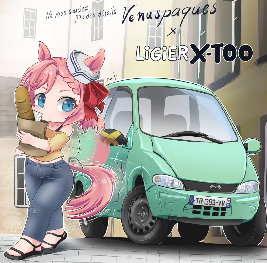 1girl animal_ears bag baguette black_footwear bow bread food french_text grey_pants hat highres holding holding_bag horse_ears horse_girl horse_tail jeanes license_plate ligier_x-too mini_hat off-shoulder_shirt off_shoulder orange_shirt pants pink_hair red_bow sailor_hat sakusan_(ss-awesome) sandals shirt short_hair tail umamusume vehicle_focus venus_paques_(umamusume) white_hat