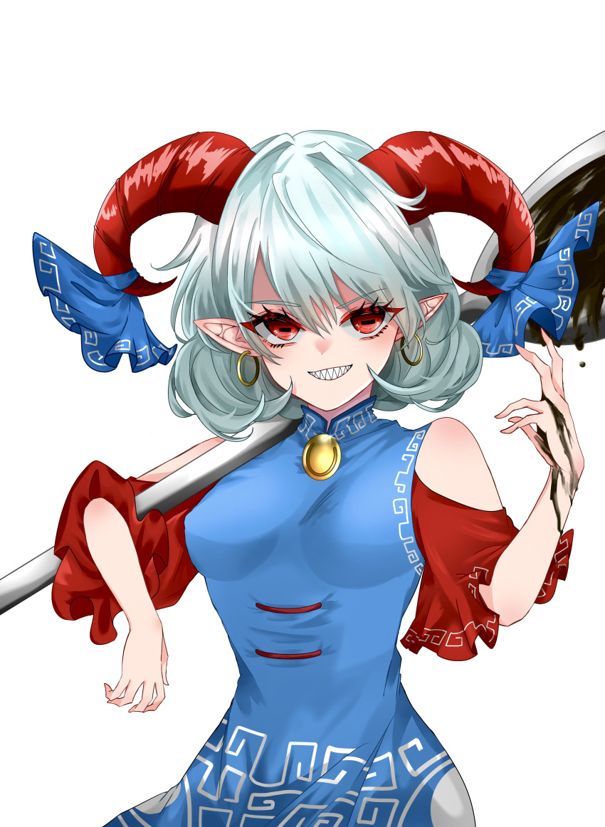 1girl 2dio9gwjal28761 absurdres blue_bow blue_dress bow breasts commentary_request cowboy_shot crude_oil detached_sleeves dress earrings grey_hair grin hair_between_eyes highres horizontal_pupils horn_bow horn_ornament horns jewelry looking_at_viewer meandros medium_bangs medium_breasts medium_hair oversized_object patterned_clothing pointy_ears rectangular_pupils red_eyes red_horns red_sleeves sharp_teeth simple_background smile solo spoon teeth touhou toutetsu_yuuma white_background
