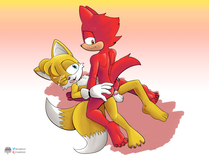 2_tails after_sex anal anal_penetration anthro bangs black_nose blue_eyes bodily_fluids brown_nose butt claws clothing cowgirl_position cub cum cum_inside cum_on_butt cum_on_face custom_character_(sonic_forces) duo fangs fours_(artist) fur genital_fluids genitals gloves half-closed_eyes hand_on_butt handwear hi_res licking licking_cum looking_at_another looking_at_partner looking_back looking_down lying male male/male miles_prower mostly_nude multi_tail multicolored_body multicolored_fur narrowed_eyes nude on_back on_top one_eye_closed orange_eyes penetration penis pink_penis pubes rear_view red_body red_fur sex shadow sonic_forces sonic_the_hedgehog_(series) tongue tongue_out two_tone_body two_tone_fur watermark white_body white_fur young