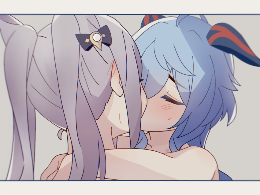 2girls arms_around_neck blue_hair blush closed_eyes commentary_request ear_blush ganyu_(genshin_impact) genshin_impact grey_background hickey highres horns keqing_(genshin_impact) kiss multiple_girls nude purple_hair simple_background sweatdrop twintails upper_body wu_qin_(gyxx_04) yuri