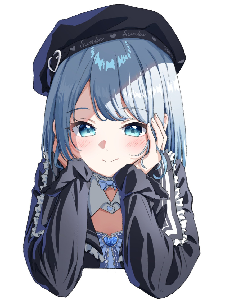 1girl arm_support beret black_hat black_sailor_collar black_shirt blue_bow blue_bowtie blue_eyes blue_hair blush bow bowtie closed_mouth cropped_torso detached_collar frilled_shirt frills hands_on_own_cheeks hands_on_own_face hat head_rest highres kaga_sumire long_bangs long_hair long_sleeves looking_at_viewer lupinus_virtual_games parted_bangs sailor_collar shirt sidelocks simple_background solo straight-on straight_hair unongkong virtual_youtuber vspo! white_background