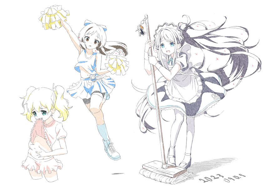 3girls alice_cartelet apron aris_(blue_archive) aris_(maid)_(blue_archive) arm_up bike_shorts black_hair blonde_hair blue_archive blue_eyes brown_eyes charm_(object) cheerleader crop_top dress full_body highres holding holding_mop holding_pom_poms idolmaster idolmaster_cinderella_girls kin-iro_mosaic long_hair maid maid_apron mary_janes mop multiple_girls name_connection navel open_mouth pantyhose papiyon1297 pom_pom_(cheerleading) ponytail shimada_arisu shoes shorts skirt smile sneakers twintails very_long_hair white_pantyhose