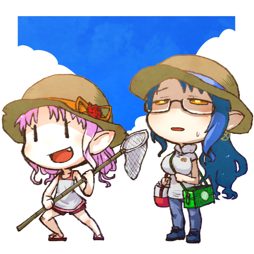 2girls alternate_costume bag bandaid bandaid_on_knee bandaid_on_leg black_eyes blue_background blue_footwear blue_hair blush border breasts butterfly_net chibi cloud commentary_request denim double_bun fang full_body glasses goki_(voicevox) hair_bun half-closed_eyes hand_net hat highres holding holding_butterfly_net insect_cage jeans kuron_(uhhr2odhrppc5nw) large_breasts long_hair looking_up multiple_girls no_socks onikko_hunter_tsuina-chan open_mouth outside_border pants pink_hair pointy_ears ponytail red_shorts sandals shade shirt shoes short_shorts short_sleeves shorts shoulder_bag smile standing straw_hat summer sun_hat sweat t-shirt tank_top towel towel_around_neck tsuina-chan voiceroid voicevox white_border white_shirt white_tank_top yellow_eyes |_|