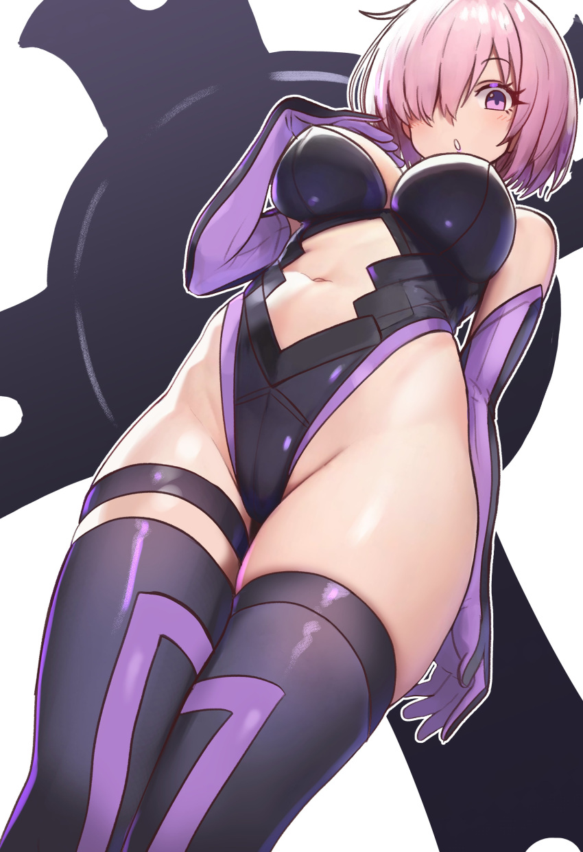 1girl absurdres bare_shoulders black_leotard black_thighhighs breasts cleavage clothing_cutout ebora elbow_gloves fate/grand_order fate_(series) gloves hair_over_one_eye highleg highleg_leotard highres large_breasts leotard looking_at_viewer mash_kyrielight navel navel_cutout open_mouth purple_eyes purple_gloves purple_hair shield short_hair solo thigh_strap thighhighs thighs