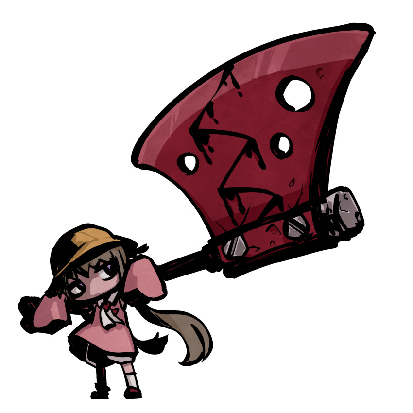 1girl axe black_eyes bloomers brown_hair chibi collared_dress commentary_request dress full_body hat head_tilt highres huge_weapon jitome kuron_(uhhr2odhrppc5nw) long_hair long_sleeves low_twintails neck_ribbon no_mouth pink_dress pink_sleeves ribbon school_hat simple_background sleeves_past_fingers sleeves_past_wrists socks solo standing tsukuyomi_ai twintails very_long_hair voiceroid weapon weapon_across_shoulders white_background white_bloomers white_ribbon white_socks yellow_hat