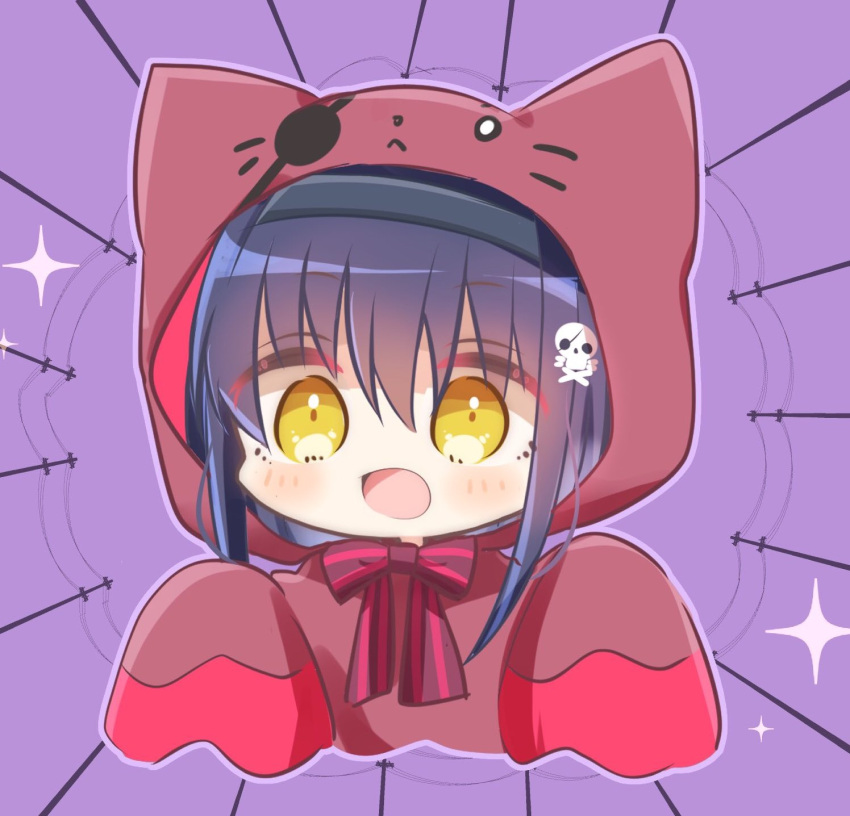 1girl alternate_costume animal_ear_hood animal_ears animal_print black_hair black_hairband blush bow cat_ears cat_print chibi commentary_request cosplay hair_between_eyes hairband halloween_costume happy highres hood hood_up kigurumi kushima_kamome looking_at_viewer open_mouth purple_background red_bow simple_background skull_and_crossbones sleeves_past_wrists smile solo sparkle striped_bow summer_pockets upper_body utuigawa yellow_eyes