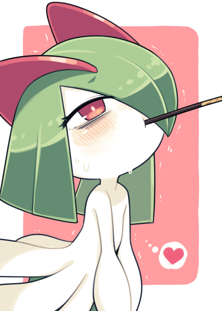 bags_under_eyes colored_skin food food_in_mouth green_hair heart highres horns ino_(tellu0120) kirlia pink_background pink_eyes pocky pocky_in_mouth pokemon pokemon_(creature) sidelocks simple_background sweat trembling v_arms white_skin