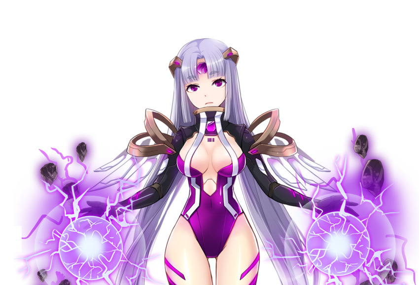 1girl armor barcode barcode_tattoo black_armor breasts chest_tattoo covered_navel cowboy_shot dot_nose electricity electrokinesis energy_ball floating_rock forehead_jewel game_cg gem grey_hair hair_ornament head_tilt leotard long_hair master_of_eternity mechanical_wings medium_breasts non-web_source official_art parted_lips plunging_neckline purple_eyes purple_gemstone purple_leotard rancist_(master_of_eternity) simple_background solo straight-on straight_hair tattoo transparent_background turtleneck very_long_hair wings