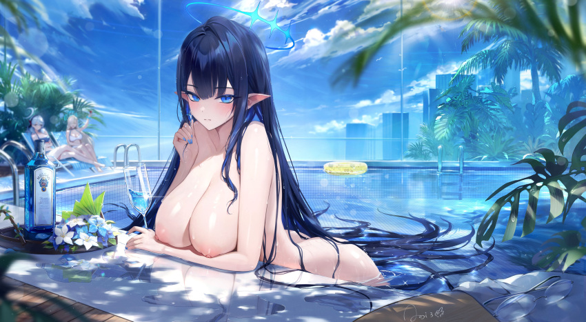 3girls absurdres ako_(blue_archive) asuna_(blue_archive) blue_archive blue_eyes blue_halo blue_nails blue_sky bottle breasts building cloud completely_nude cup day drinking_glass earrings fingernails flower halo highres holding holding_cup jewelry large_breasts long_hair looking_at_viewer meisansan multiple_girls nail_polish nipples nude outdoors parted_lips partially_submerged pointy_ears pool reflection rin_(blue_archive) signature sky swimsuit unworn_eyewear water wet wet_hair white_flower