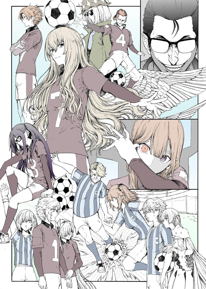 6+boys 6+girls :o akuta_hinako anastasia_(fate) angel_wings arm_up ball beryl_gut black-framed_eyewear black_hair blonde_hair blue_shirt blue_socks brown_hair cape closed_mouth crossed_arms daybit_sem_void dress dual_persona eye_contact facial_hair fate/grand_order fate_(series) fujimaru_ritsuka_(female) glasses gloves goal goredolf_musik hair_between_eyes hair_ornament hair_over_one_eye hair_slicked_back hat heterochromia highres jacket kadoc_zemlupus kirschtaria_wodime kneehighs layered_shirt long_hair long_sleeves looking_ahead looking_at_another looking_at_viewer mash_kyrielight medium_hair multiple_boys multiple_girls mustache oberon_(fate) opaque_glasses open_mouth ophelia_phamrsolone orange_hair outstretched_arm partially_colored piercing pink_hair purple_eyes red_eyes red_shirt red_socks scandinavia_peperoncino shirt shoes short_hair short_sleeves shorts side_ponytail sitting smile sneakers soccer_ball soccer_field soccer_uniform socks speed_lines sportswear striped_clothes striped_shirt sunglasses sweatdrop syatey teeth vertical-striped_clothes vertical-striped_shirt white_footwear white_hair white_shorts white_wings wings