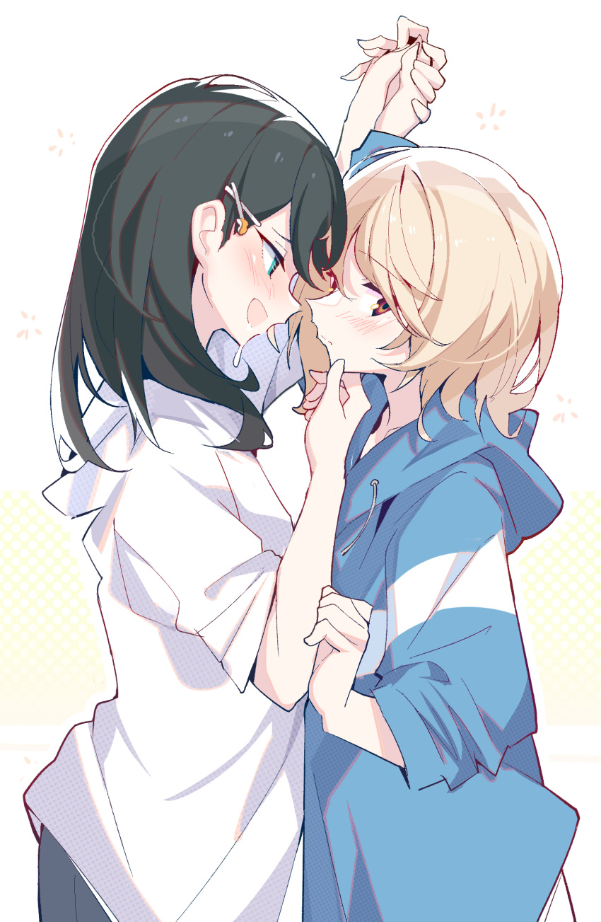 2girls averting_eyes bangs_pinned_back black_hair black_shorts blonde_hair blue_eyes blue_hoodie blush cowboy_shot drawstring face-to-face from_side hair_ornament hairpin hand_on_another's_chin highres holding_hands honda_sora hood hood_down hoodie lonely_girl_ni_sakaraenai looking_at_another looking_at_viewer medium_hair multiple_girls profile red_eyes sakurai_ayaka_(lonely_girl_ni_sakaraenai) shirt short_hair shorts sideways_glance simple_background striped_clothes striped_hoodie white_background white_hoodie white_shirt yuri zhanzhangzlw