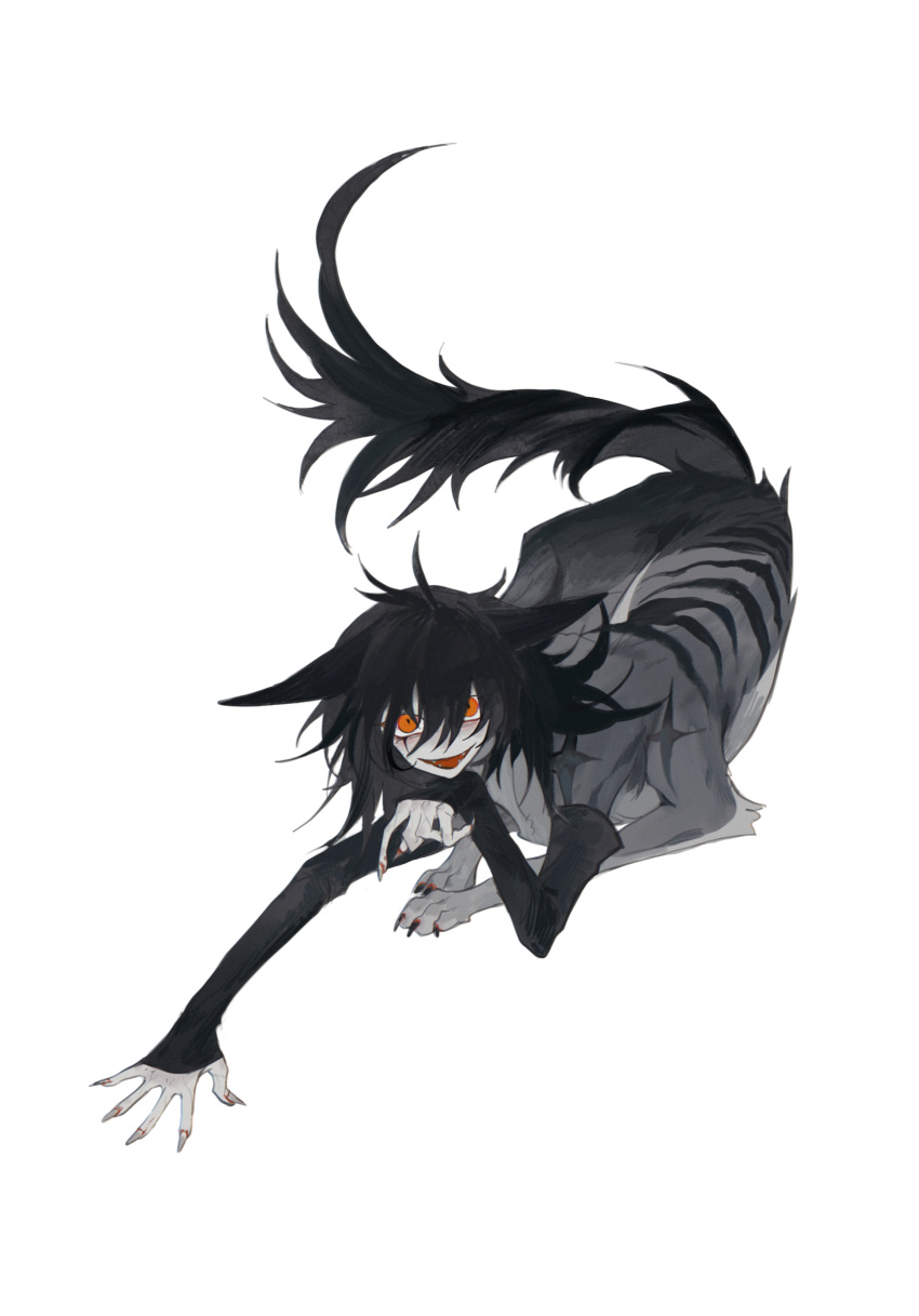 animal_ears animal_feet black_hair black_stripes black_tail full_body grey_fur highres kamikiririp looking_at_viewer monster no_humans orange_eyes original solo striped_fur tail white_background